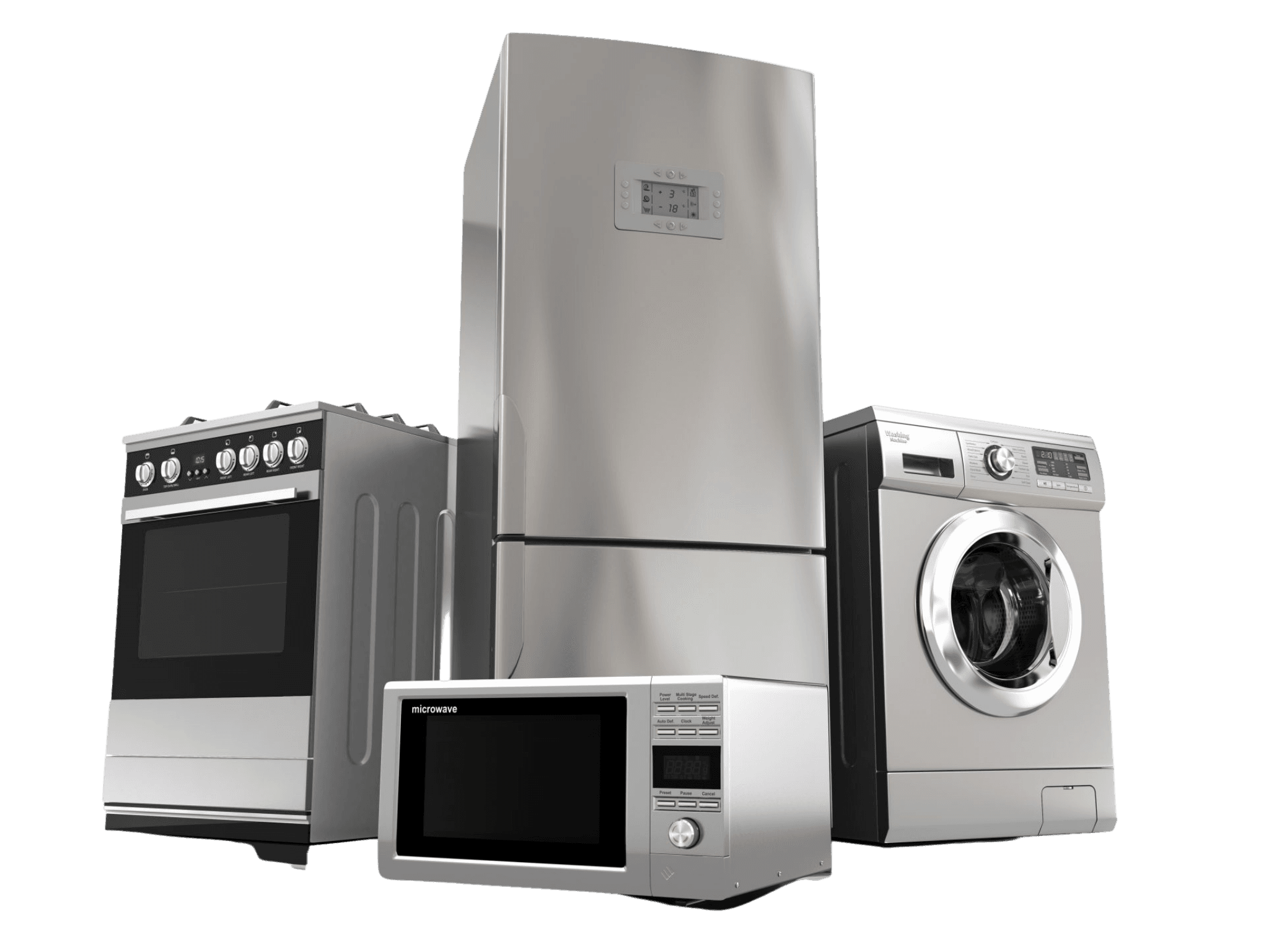 Stainless steel refrigerators, ranges, washers, and microwaves
